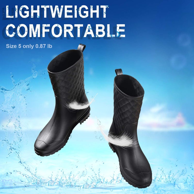 Petrass Women Rain Boots Black Waterproof Mid Calf Lightweight Cute Booties Fashion Out Work Comfortable Garden Shoes, Black 7 - Image 4